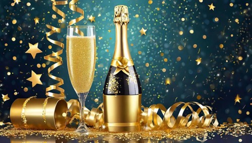A champagne bottle and a filled glass sit among gold streamers, confetti, and sparkling