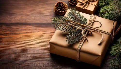 Christmas presents wrapped in brown paper decorated with pine branches and pine cones lying on a