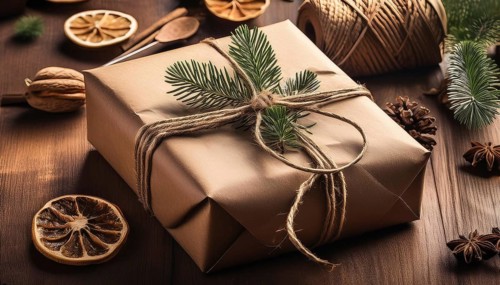 Christmas present wrapped in simple brown paper, tied with twine and decorated with natural pine