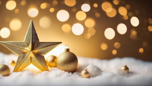 Christmas still life with golden star and baubles on snow with warm bokeh lights in background, AI