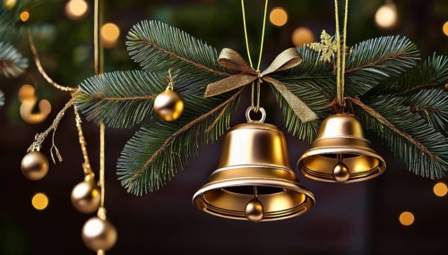 Golden christmas bells and ornaments hanging on pine branches create a festive holiday scene with