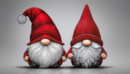 Two gnomes with long white beards and red hats are sitting on gray background, bringing christmas