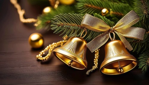 Golden christmas bells with golden ribbon and fir tree branch on wooden table, AI generated