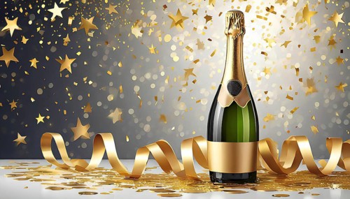 A bottle of champagne is surrounded by gold ribbons and confetti. The image conveys a celebratory
