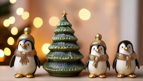Three adorable penguins wearing golden scarves and hats gather around a festive christmas tree,