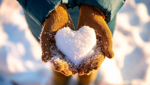 Hands wearing yellow gloves holding a heart made of snow during a cold winter day, AI generated