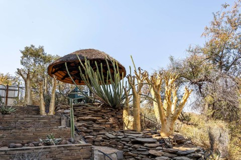 A stone pathway winds through dry woodland and bush at the National Botanic Garden, Windhoek,
