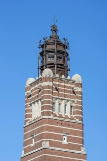 Courthouse, court house tower, expressionist brick architecture in the city centre of Dendermonde,