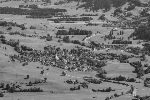 Panorama from Mittagberg, 1451m, into the Upper Illertal with the municipality of Rettenberg,