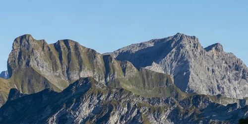 Mountain panorama from Koblat Höhenweg to Schneck, 2268m, behind Großer Wilder, 2379m, Allgäu Alps,
