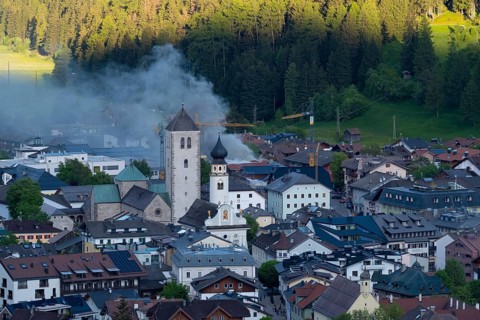View of a burning building in the town centre of San Candido, San Candido, Val Pusteria, Sesto