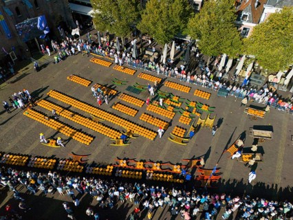 Bird's eye view of busy market square with orange cheeses lined up in a row, aerial view, cheese,