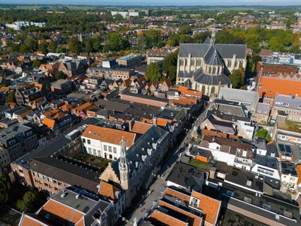 Panorama of the city with dominant church and surrounding historical buildings, under blue sky,