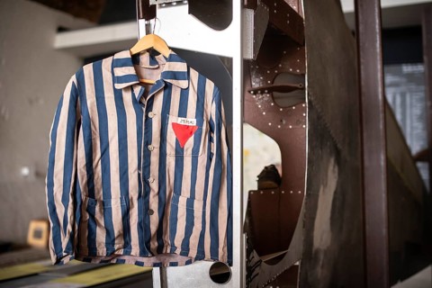 Copy of a blue and grey striped jacket of a concentration camp prisoner, documentation centre in