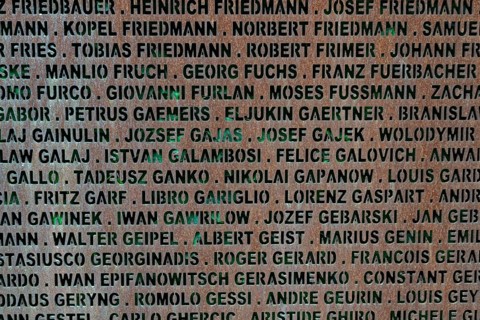 Detail, name wall made of steel plates with a total of 2908 laser-engraved names of former