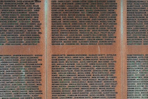 Detail, name wall made of steel plates with a total of 2908 laser-engraved names of former