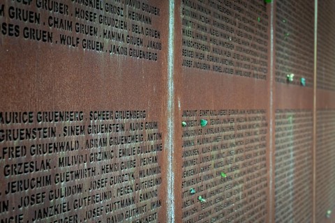 Name wall made of steel plates with a total of 2908 laser-engraved names of former concentration