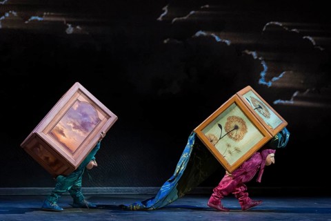 Two artists dressed up at the press screening of Alizé, a joint production by Cirque du Soleil and