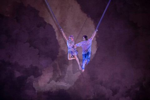 Two artists float at the press screening of Alizé, a joint production by Cirque du Soleil and Live