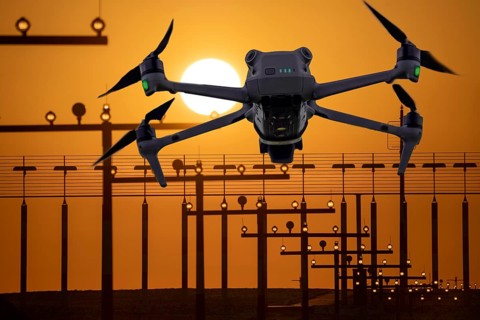 Symbolic image, photomontage, reconnaissance, spying with drones here at an airport, critical