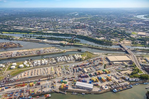 Aerial view, Duisburg harbour with Ruhrort container terminal, oil island and coal island, river