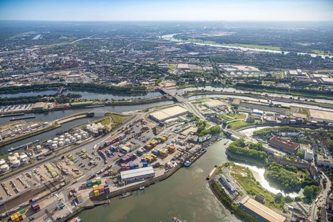 Aerial view, harbour Duisburg Ruhrorter Straße with Ruhrort Container Terminal and coal ring
