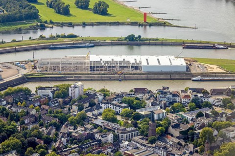 Aerial view, logistics hall construction site and new building on Mercatorinsel, Ruhrort, Duisburg,