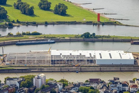 Aerial view, logistics hall construction site and new building on Mercatorinsel, Ruhrort, Duisburg,