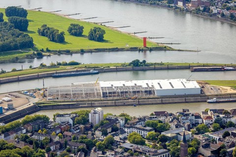 Aerial view, logistics hall construction site and new building on Mercatorinsel, Ruhrort, Duisburg,