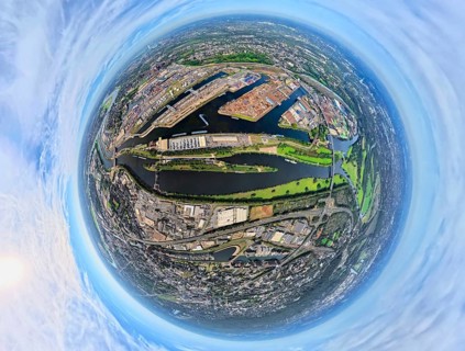 Aerial view, Duisburg-Ruhrort harbour with oil island, coal island and scrap island, A59 motorway,