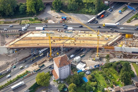 Aerial view, Kaiserberg motorway junction with construction site and bridge construction,