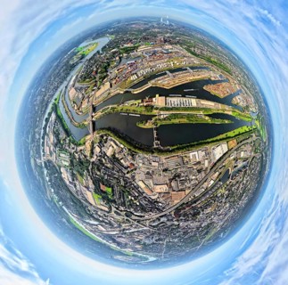 Aerial view, harbour Duisburg-Ruhrort with oil island, coal island and scrap island, river Ruhr and