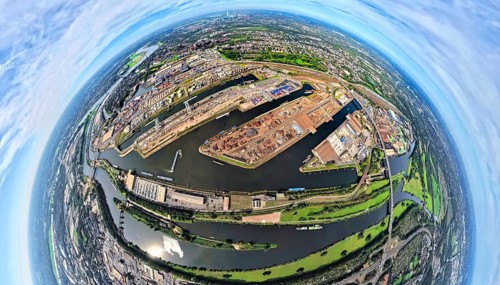 Aerial view, Duisburg-Ruhrort harbour with oil island, coal island and scrap island, A59 motorway,