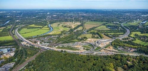 Aerial photo, panoramic photo of the Kaiserberg motorway junction with construction site, A40 and