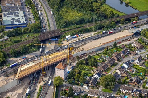 Aerial view, Kaiserberg motorway junction with construction site and bridge construction,