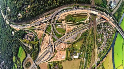 Aerial view, Kaiserberg motorway junction with construction site, globe, fisheye image, 360 degree