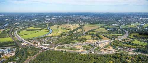 Aerial photo, panoramic photo of the Kaiserberg motorway junction with construction site, A40 and