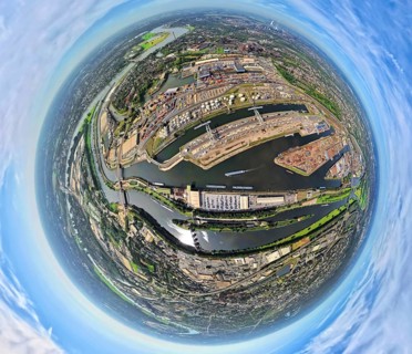 Aerial view, harbour Duisburg-Ruhrort with oil island, coal island and scrap island, river Ruhr and