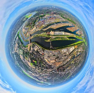 Aerial view, harbour Duisburg-Ruhrort with oil island, coal island and scrap island, river Ruhr and