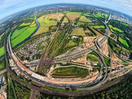 Aerial photo, Kaiserberg motorway junction with construction site, behind Styrumer Ruhrbogen energy