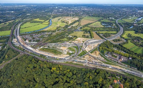 Aerial view, motorway junction Kaiserberg with construction site, motorway A40 and A3, behind