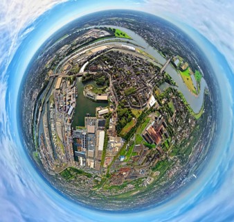 Aerial view, Ruhrort district with Ruhrort terminal, Duisburg harbour and Ruhr estuary into the