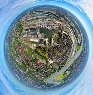 Aerial view, Ruhrort district with Ruhrort terminal, Duisburg harbour and Ruhr estuary into the
