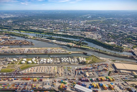Aerial view, Duisburg harbour with Ruhrort container terminal, oil island and coal island, river