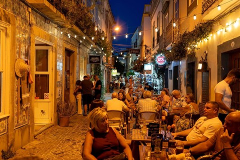 Gastronomy, restaurants in Tavira, old town, partly streets, alleys are closed and serve as