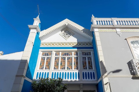 Facade of buildings in Tavira, old town, in the east of the Algarve, Portugal