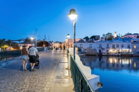 The seven-arched bridge over the Rio Gilão, in Tavira, old town, in the east of the Algarve,