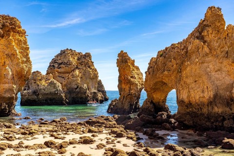 Ponta da Piedade rocky coast, rugged coastal landscape, right next to the centre of Lagos, in the