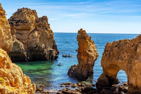 Ponta da Piedade rocky coast, rugged coastal landscape, right next to the centre of Lagos, in the