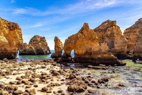 Ponta da Piedade rocky coast, rugged coastal landscape, right next to the centre of Lagos, in the